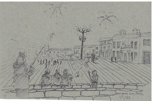 Lake Titicaca / New Year’s Eve in Puno – Original Sketchbook Drawing, Pen on Paper